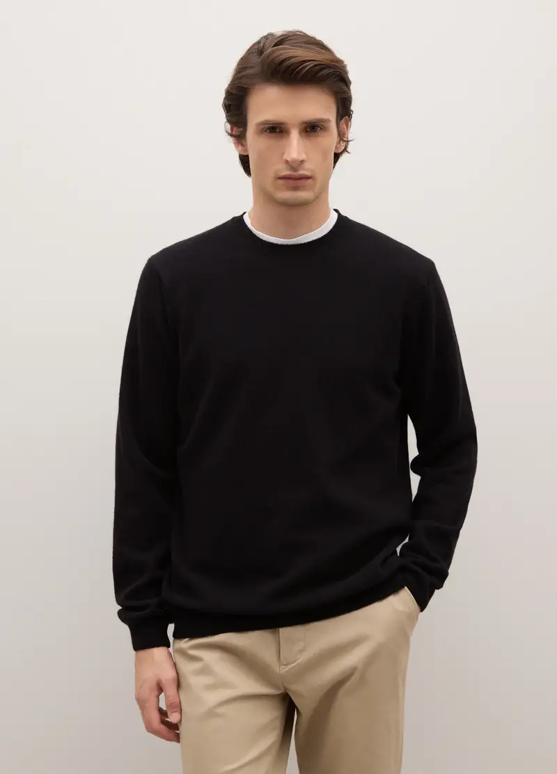 Maglione Girocollo Nero In Pura Lana Lambswool, Uomo, Nero miniatura 3