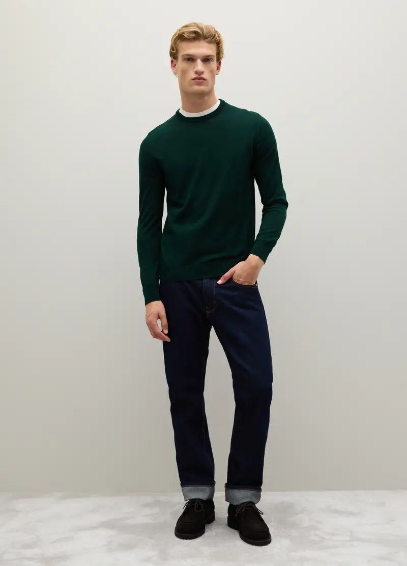 Maglione Girocollo Verde Scuro In Pura Lana Merino, Uomo, Verde miniatura 2