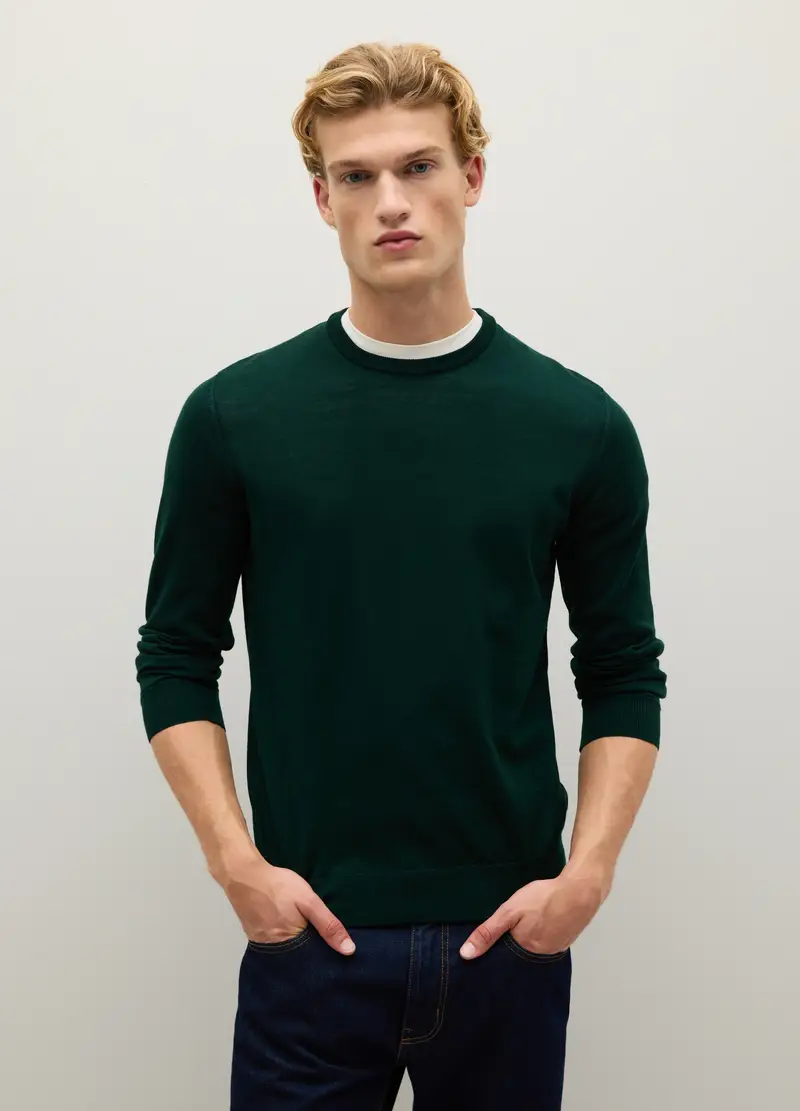 Maglione Girocollo Verde Scuro In Pura Lana Merino, Uomo, Verde miniatura 3