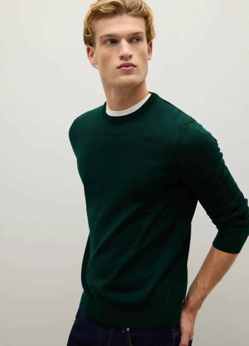 Maglione Girocollo Verde Scuro In Pura Lana Merino, Uomo, Verde