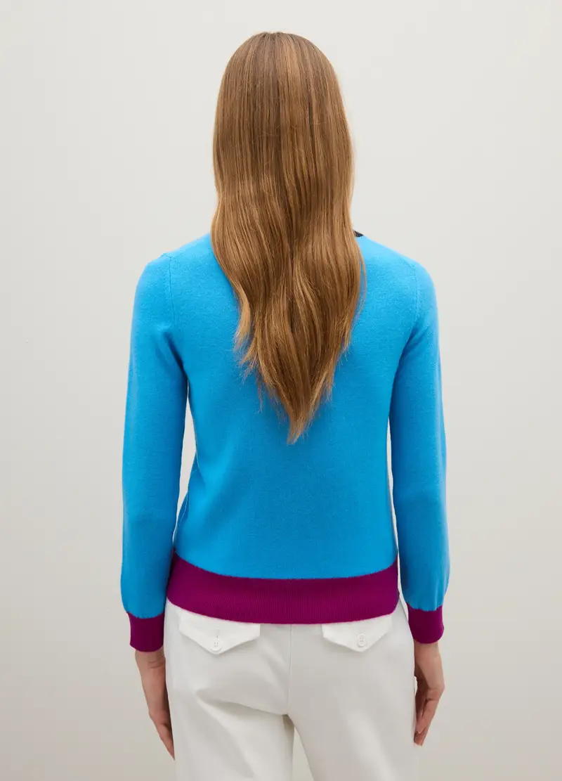 Maglione In Pura Lana Azzurro Con Polsini A Contrasto, Donna, Multicolor miniatura 3