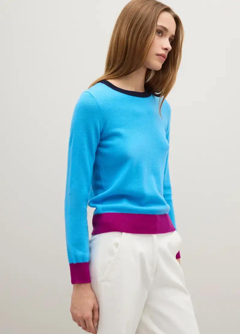 Maglione In Pura Lana Azzurro Con Polsini A Contrasto, Donna, Multicolor