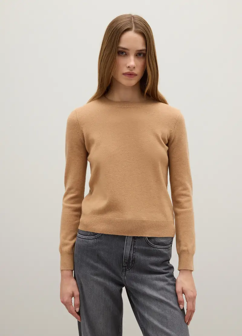 Maglione In Pura Lana Beige Regular Fit, Donna, Beige miniatura 2