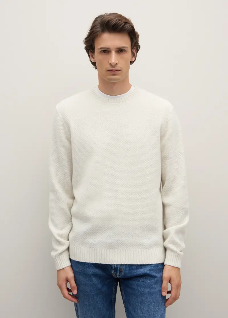 Maglione In Pura Lana Bianco Regular Fit, Uomo, Bianco miniatura 3