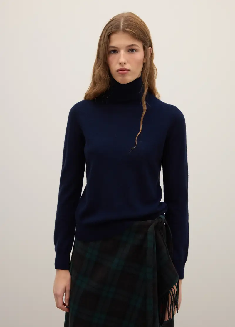 Maglione In Pura Lana Blu Regular Fit A Collo Alto, Donna, Blu miniatura 3