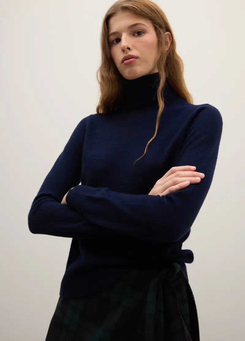 Maglione In Pura Lana Blu Regular Fit A Collo Alto, Donna, Blu