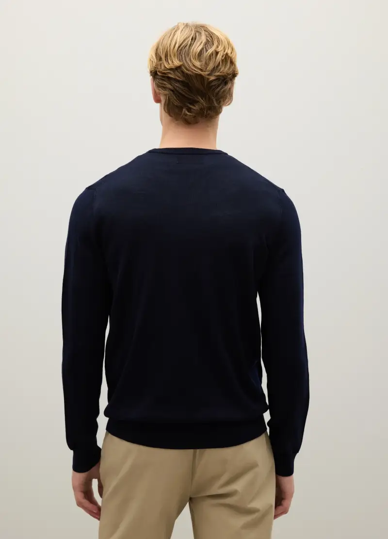 Maglione In Pura Lana Merino Blu Regular Fit Con Girocollo, Uomo, Blu miniatura 3