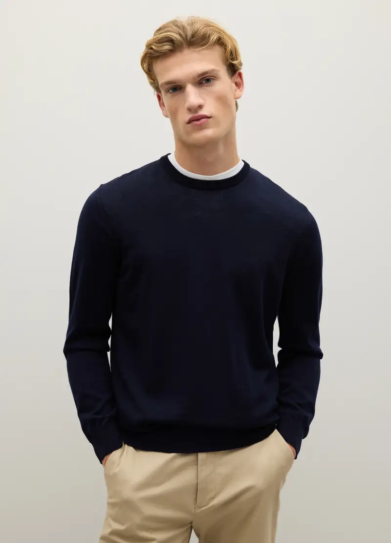 Maglione In Pura Lana Merino Blu Regular Fit Con Girocollo, Uomo, Blu