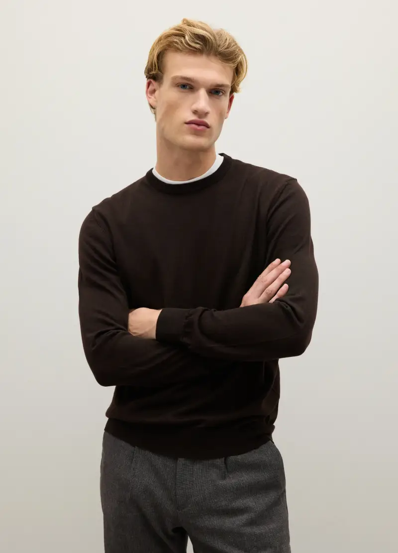 Maglione In Pura Lana Merino Marrone Regular Fit Con Girocollo, Uomo, Marrone