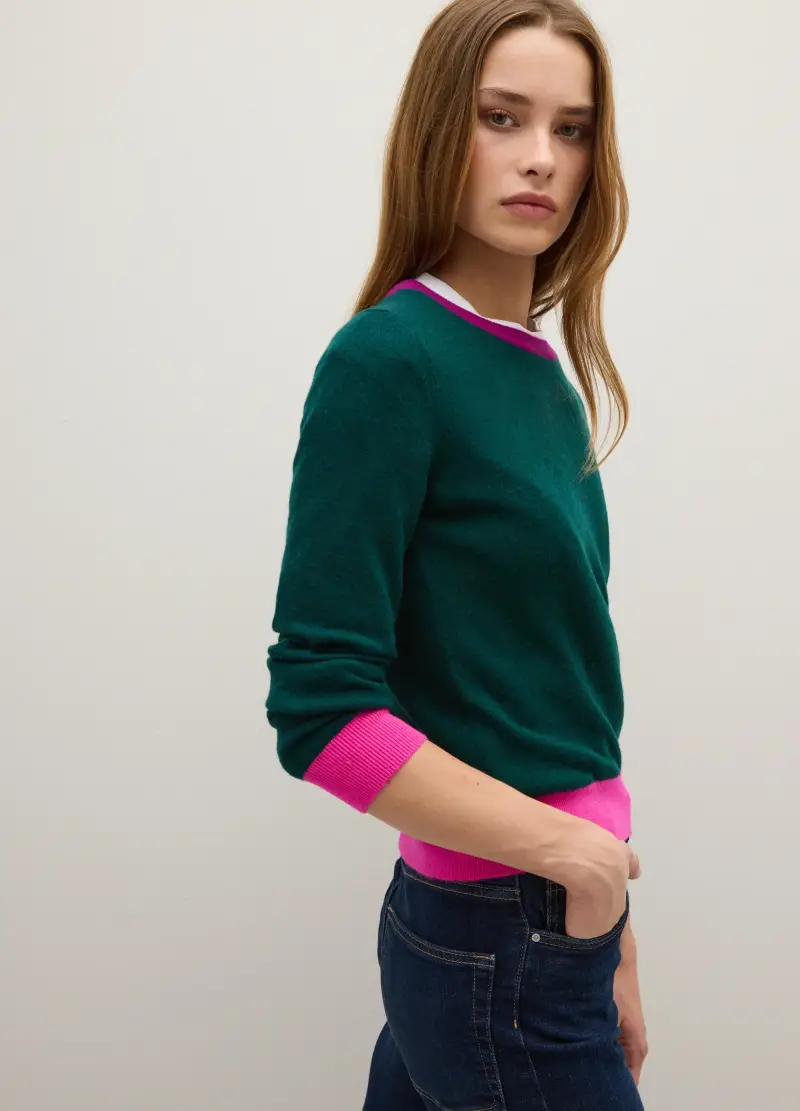 Maglione In Pura Lana Verde Con Polsini A Contrasto, Donna, Multicolor