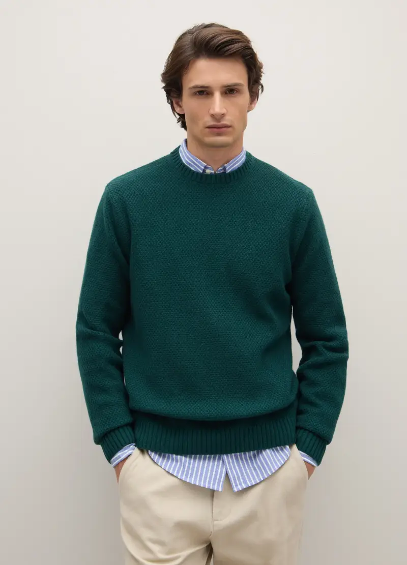 Maglione In Pura Lana Verde Regular Fit, Uomo, Verde miniatura 2