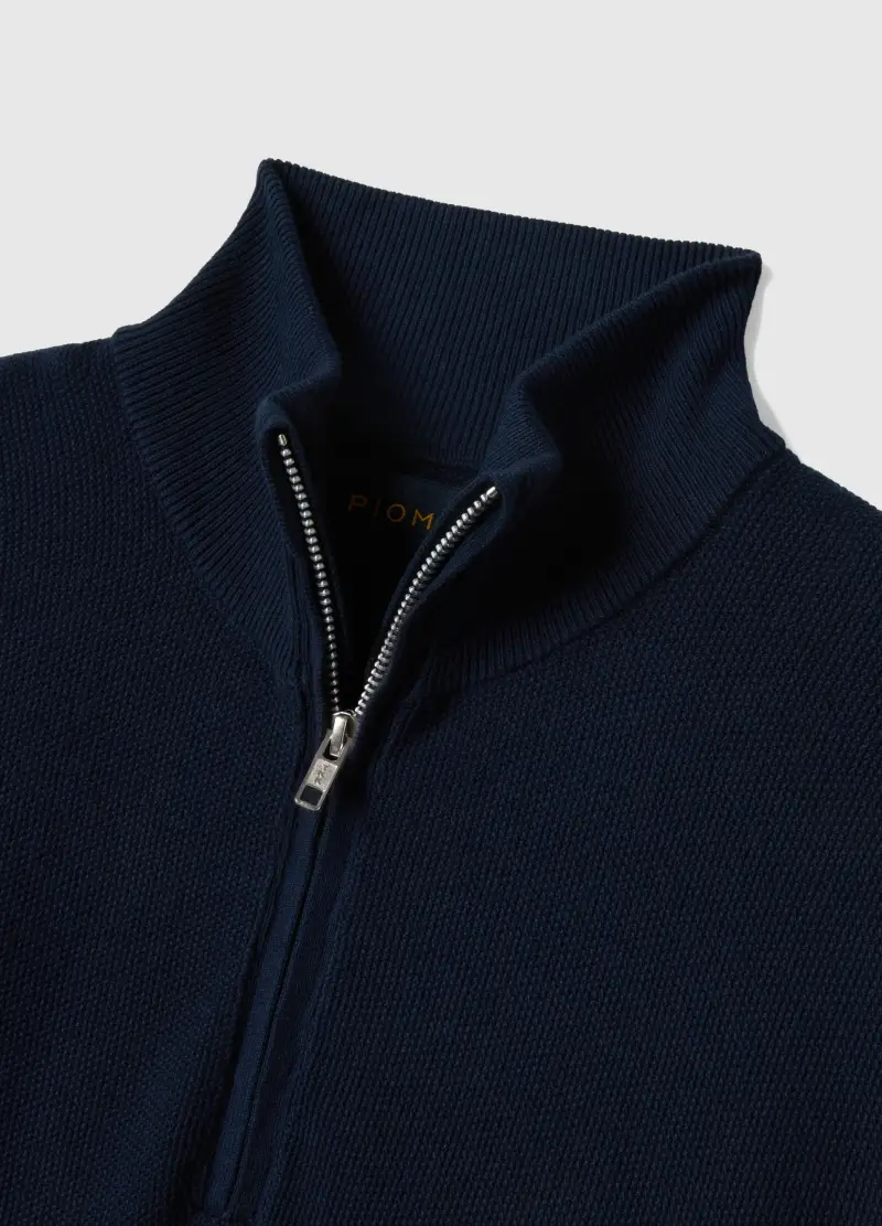 Maglione In Puro Cotone Blu Regular Fit Con Collo Alto E Zip, Uomo, Blu miniatura 2