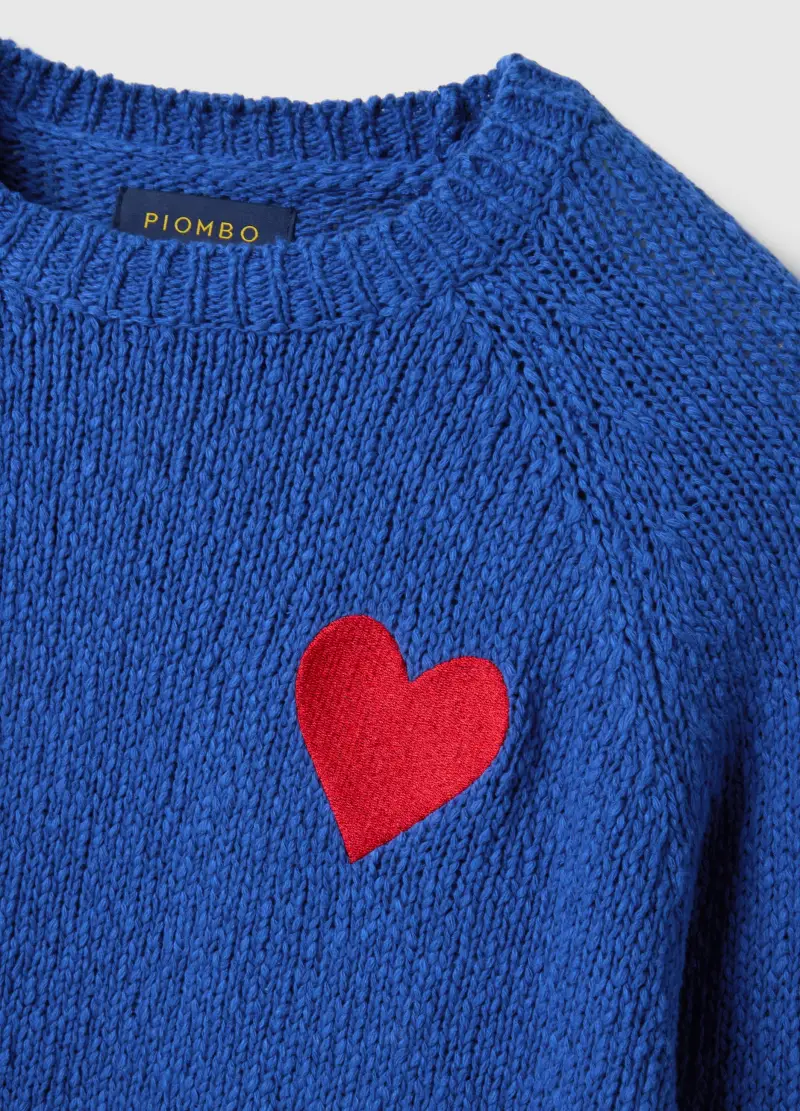 Maglione In Puro Cotone Blu Regular Fit Con Cuore, Donna, Blu miniatura 2