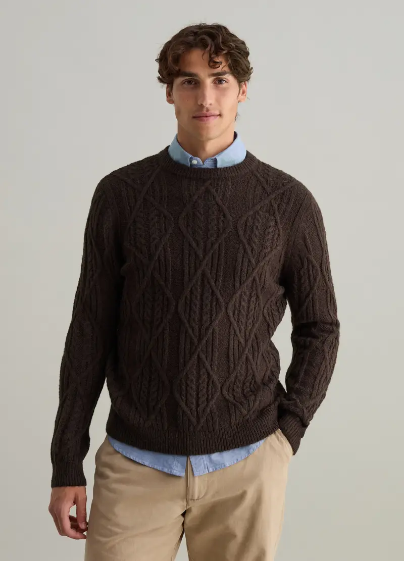 Maglione Marrone Con Lavorazione A Trecce In Misto Lana, Uomo, Marrone miniatura 2
