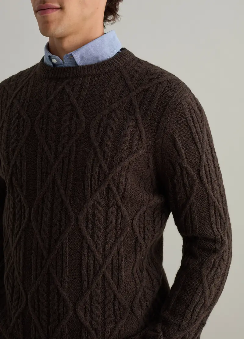 Maglione Marrone Con Lavorazione A Trecce In Misto Lana, Uomo, Marrone miniatura 3