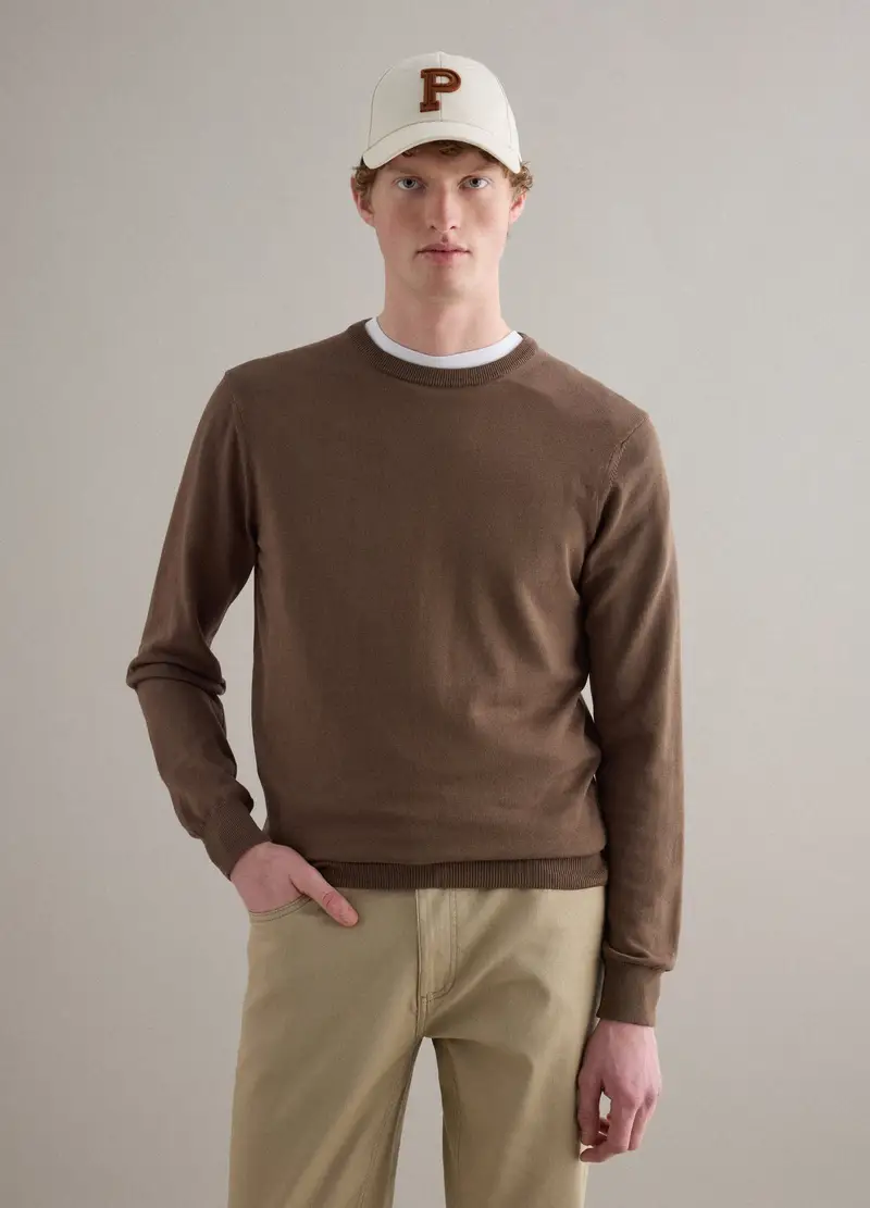 Maglione Marrone In Puro Cotone, Uomo, Marrone miniatura 3