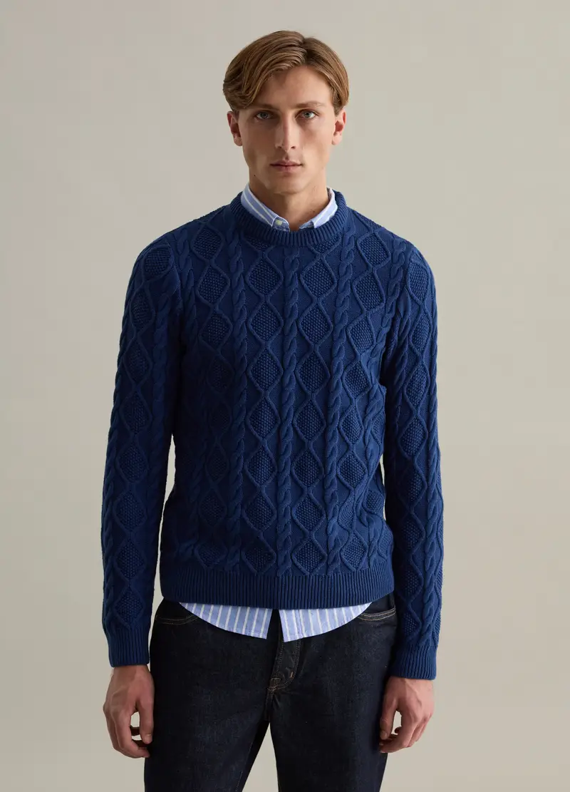 Maglione Nero Con Lavorazione A Trecce In Misto Cotone, Uomo, Blu miniatura 2