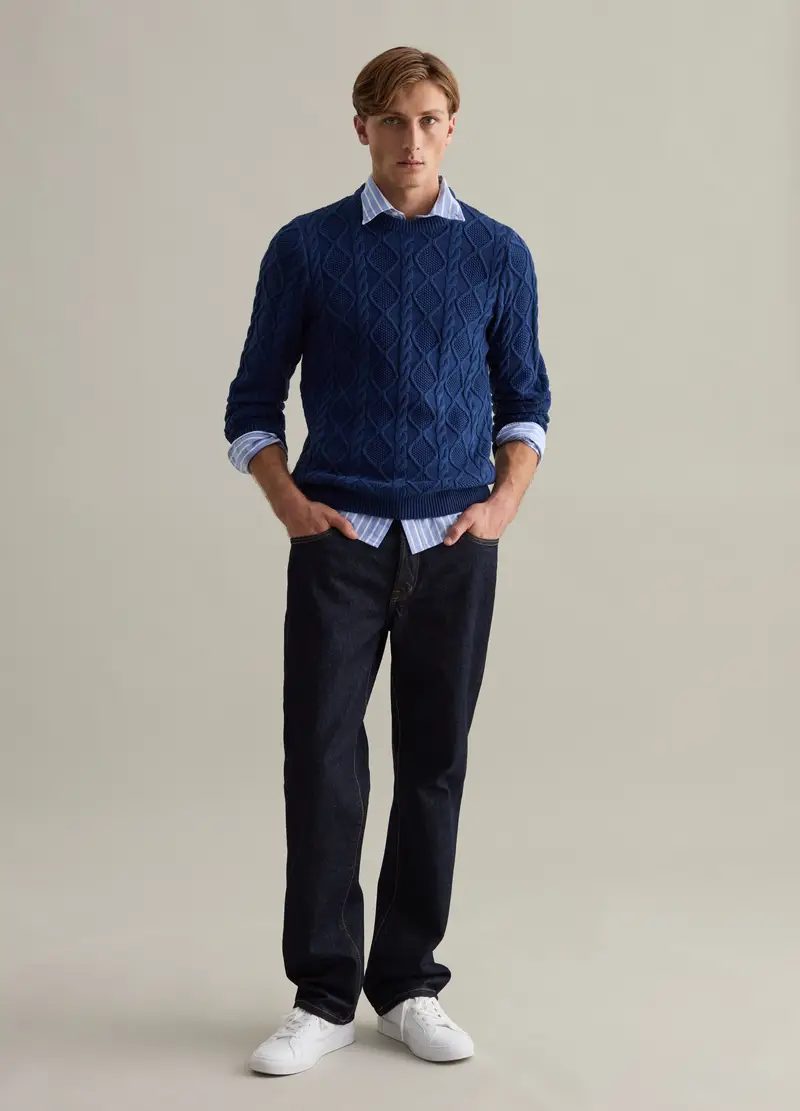 Maglione Nero Con Lavorazione A Trecce In Misto Cotone, Uomo, Blu