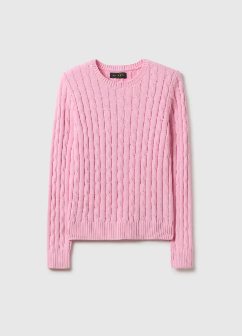 Maglione Rosa In Puro Cotone Regular Fit Con Lavorazione A Treccia, Donna, Rosa