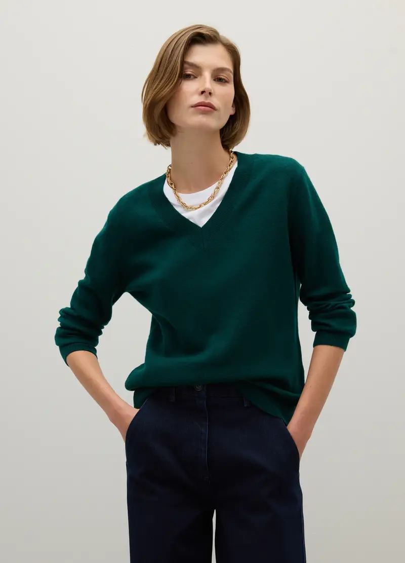 Maglione Verde In Lana A Collo A V, Donna, Verde miniatura 3