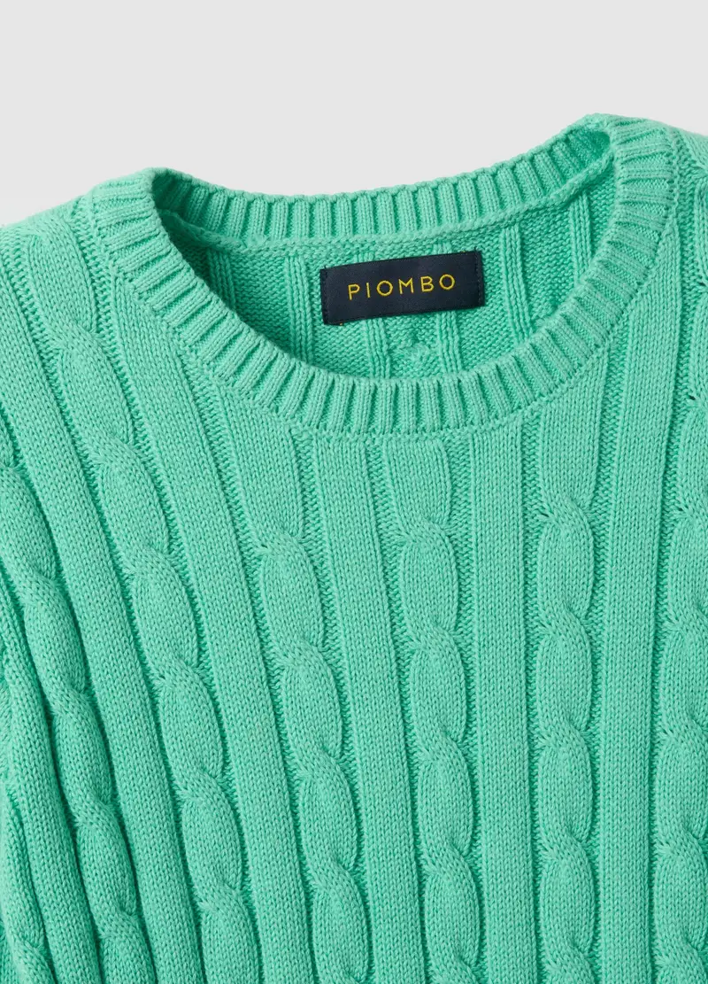 Maglione Verde In Puro Cotone Regular Fit Con Lavorazione A Treccia, Donna, Verde miniatura 2