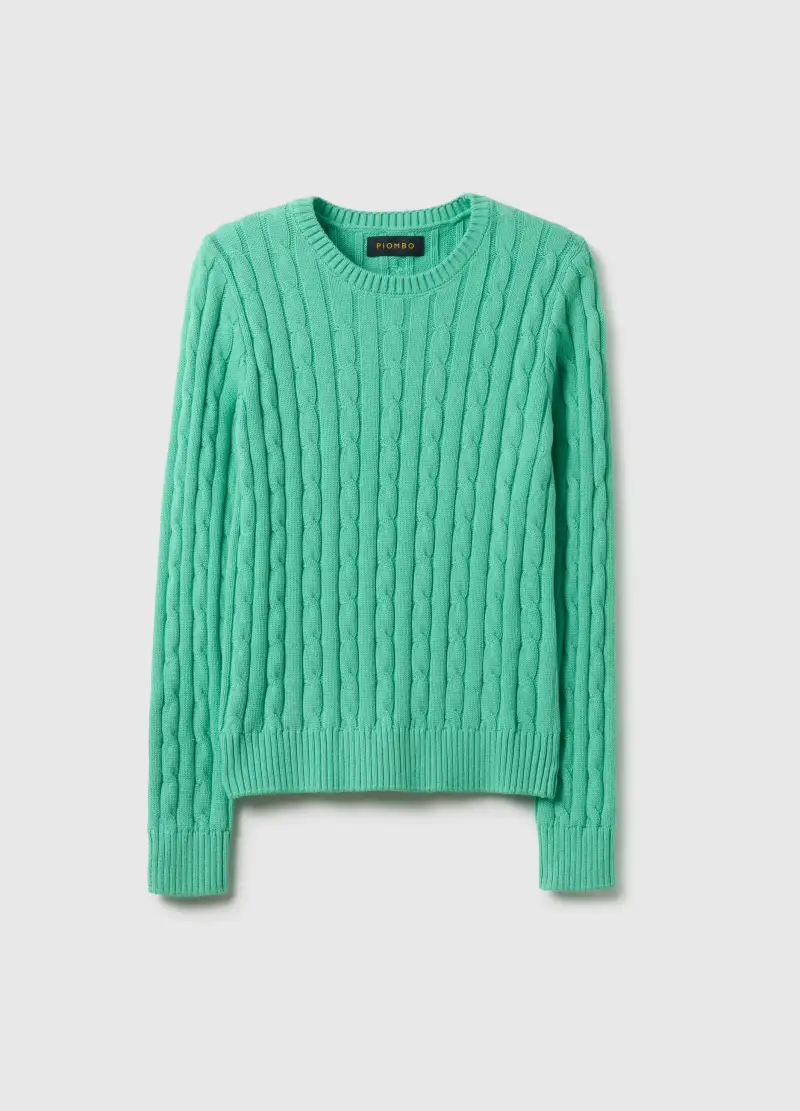 Maglione Verde In Puro Cotone Regular Fit Con Lavorazione A Treccia, Donna, Verde