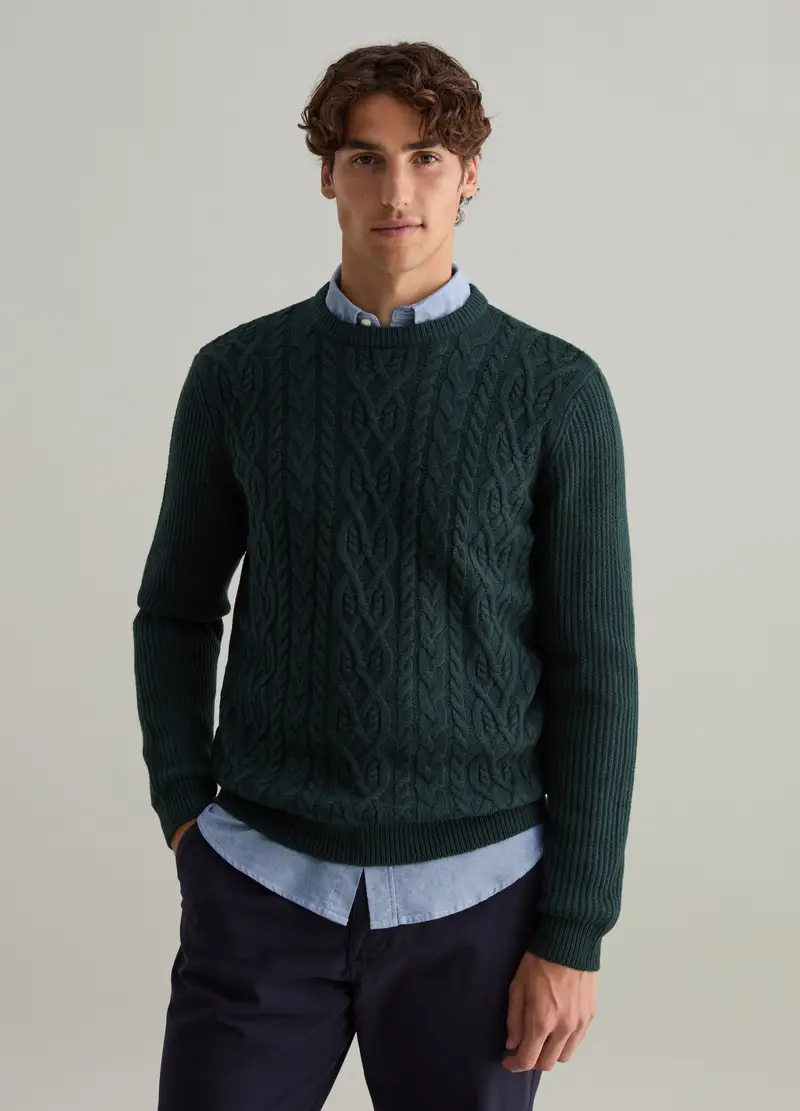 Maglione Verde Scuro Con Trecce In Misto Lana, Uomo, Verde miniatura 2