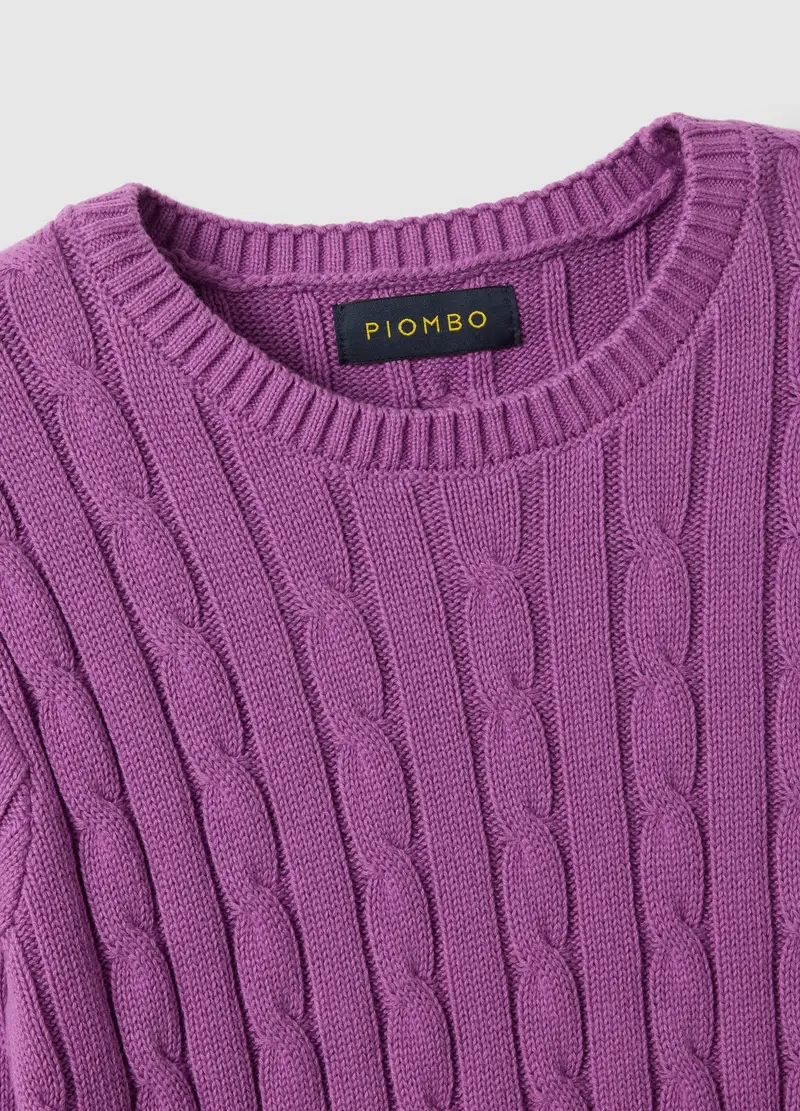 Maglione Viola In Puro Cotone Regular Fit Con Lavorazione A Treccia, Donna, Viola miniatura 2