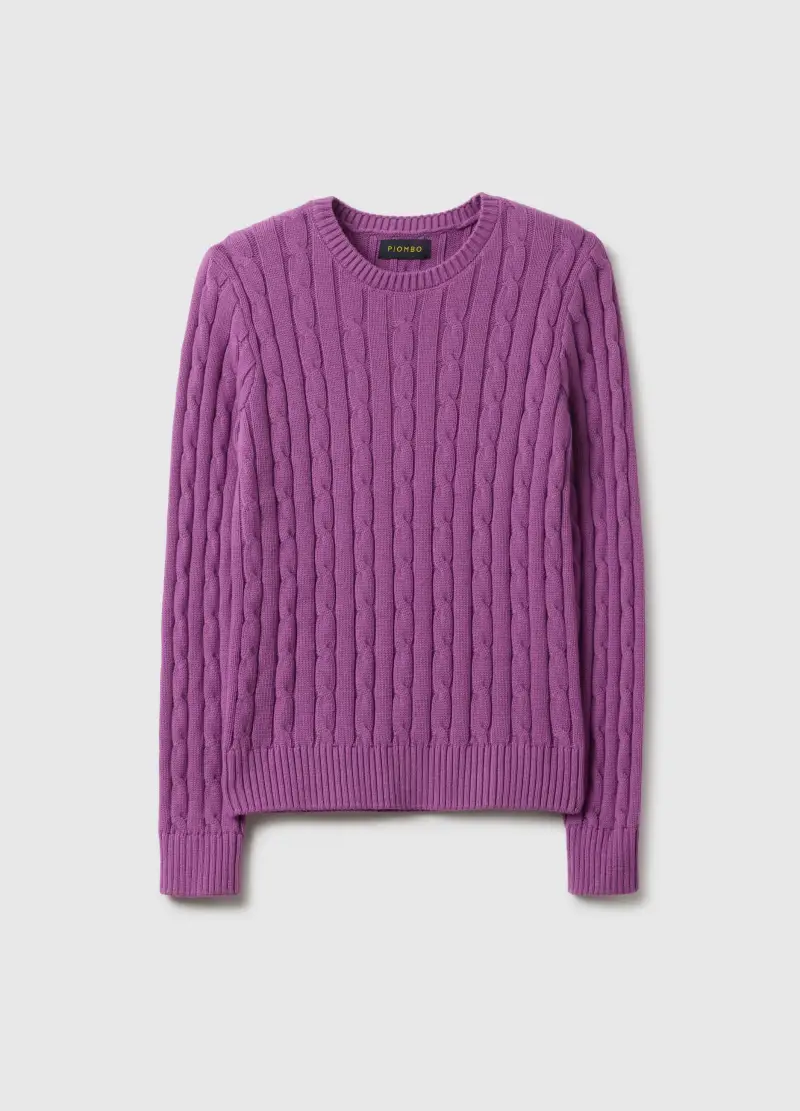 Maglione Viola In Puro Cotone Regular Fit Con Lavorazione A Treccia, Donna, Viola