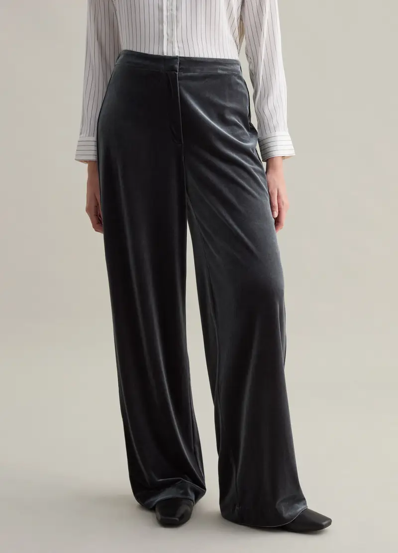 Pantalone A Gamba Larga In Velluto, Donna, Blu miniatura 2