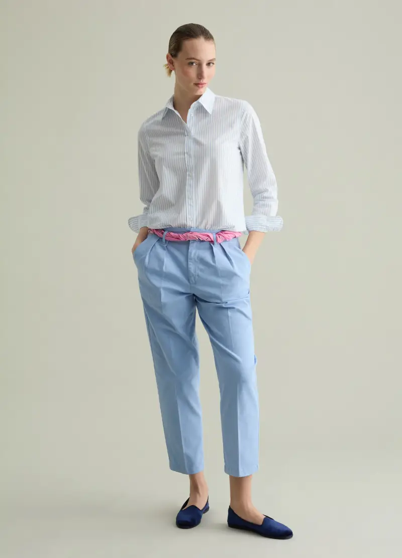 Pantalone Chino Cropped Con Pinces, Donna, Azzurro