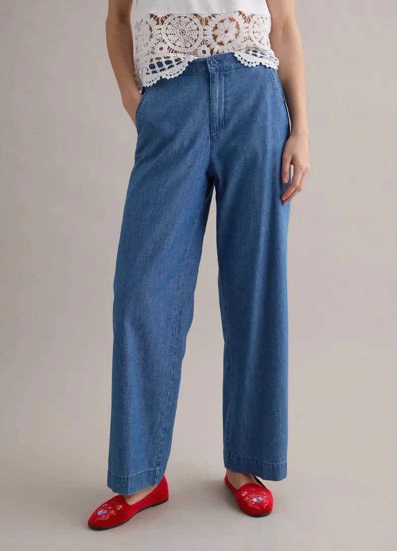 Pantaloni Blu A Gamba Larga In Puro Cotone, Donna, Denim miniatura 2