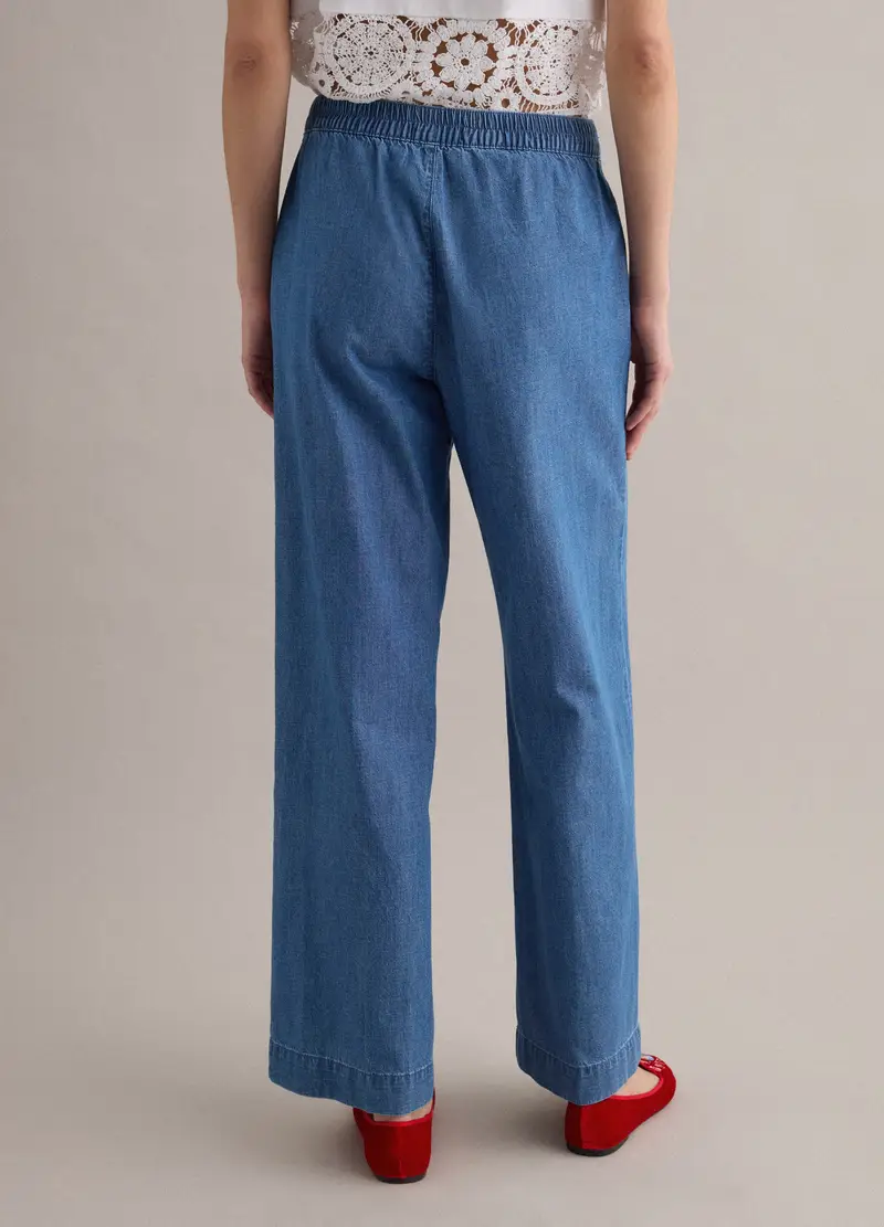 Pantaloni Blu A Gamba Larga In Puro Cotone, Donna, Denim miniatura 3