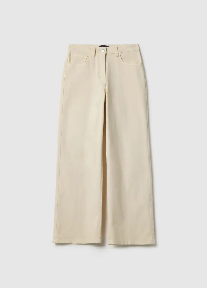 Pantaloni Chino Dritti In Cotone Elasticizzato Beige, Donna, Beige
