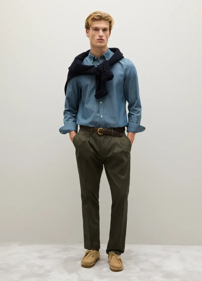 Pantaloni Chino In Puro Cotone Twill Verdi Regular Fit, Uomo, Verde