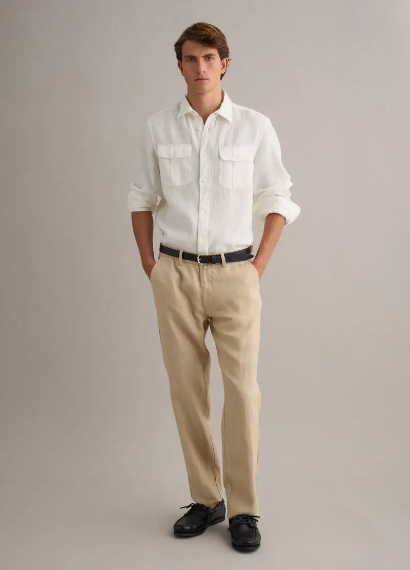 Pantaloni Chino In Puro Lino Beige Regular Fit, Uomo, Beige