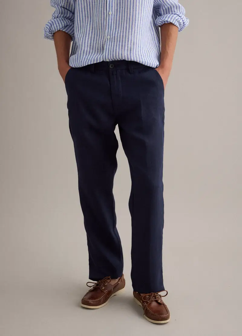 Pantaloni Chino In Puro Lino Blu Regular Fit, Uomo, Blu miniatura 2