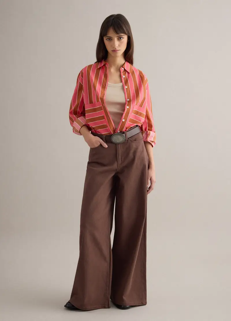 Pantaloni Flare In Cotone Elasticizzato Marrone, Donna, Marrone
