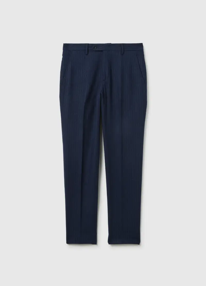 Pantaloni Gessati In Twill Blu Slim Fit, Uomo, Blu