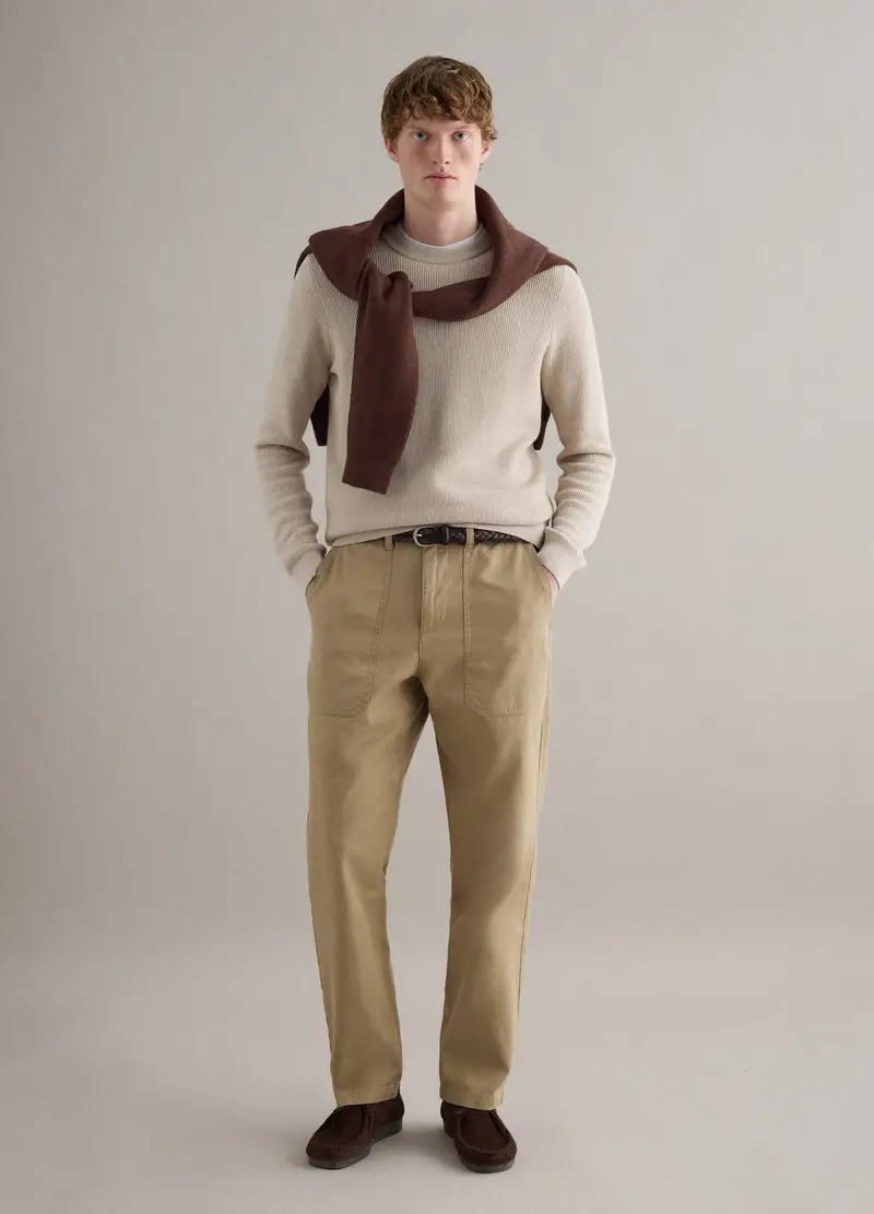 Pantaloni In Cotone E Lino Beige Regular Fit, Uomo, Beige