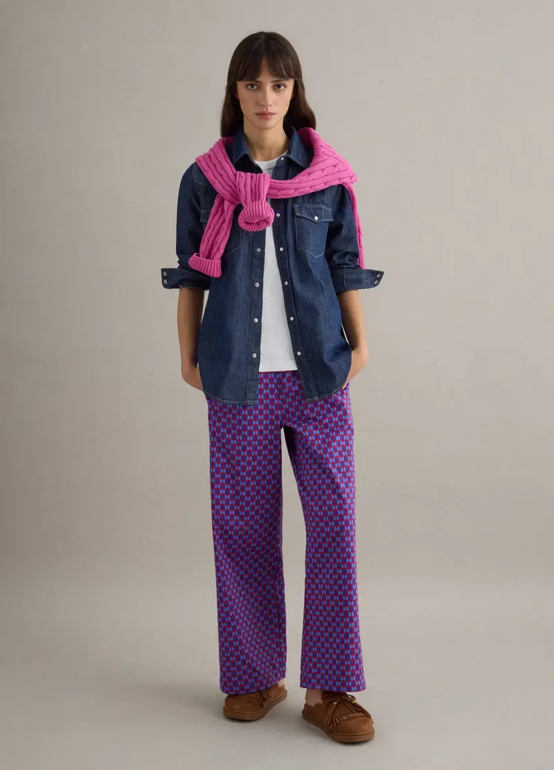 Pantaloni In Cotone Elasticizzato Multicolor Regular Fit Con Fantasia, Donna, Multicolor