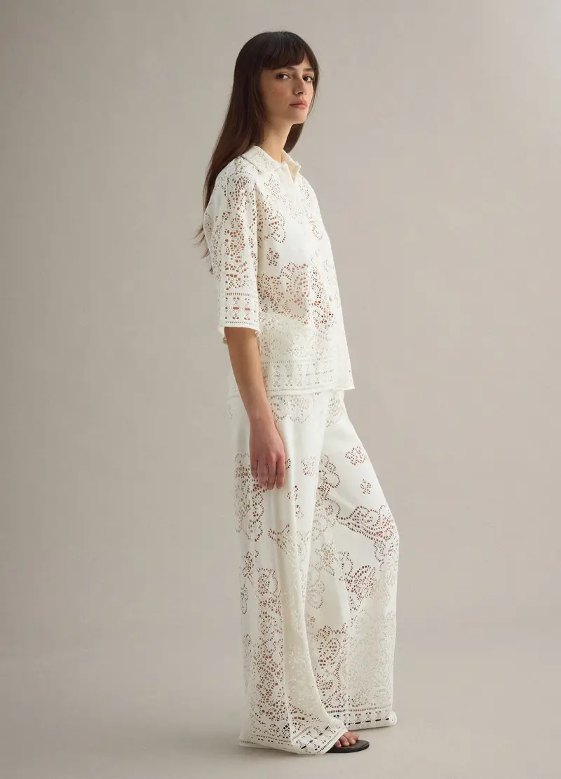 Pantaloni In Crochet Traforato Di Misto Cotone Bianco Wide Leg, Donna, Bianco miniatura 3