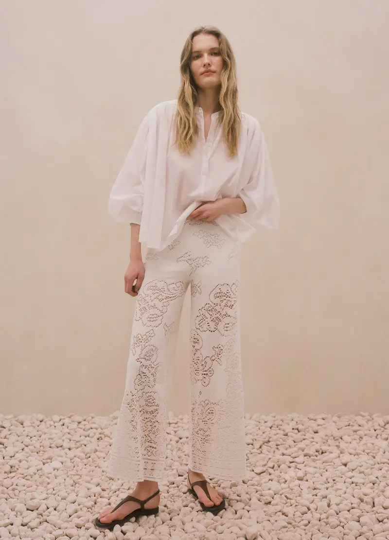 Pantaloni In Crochet Traforato Di Misto Cotone Bianco Wide Leg, Donna, Bianco