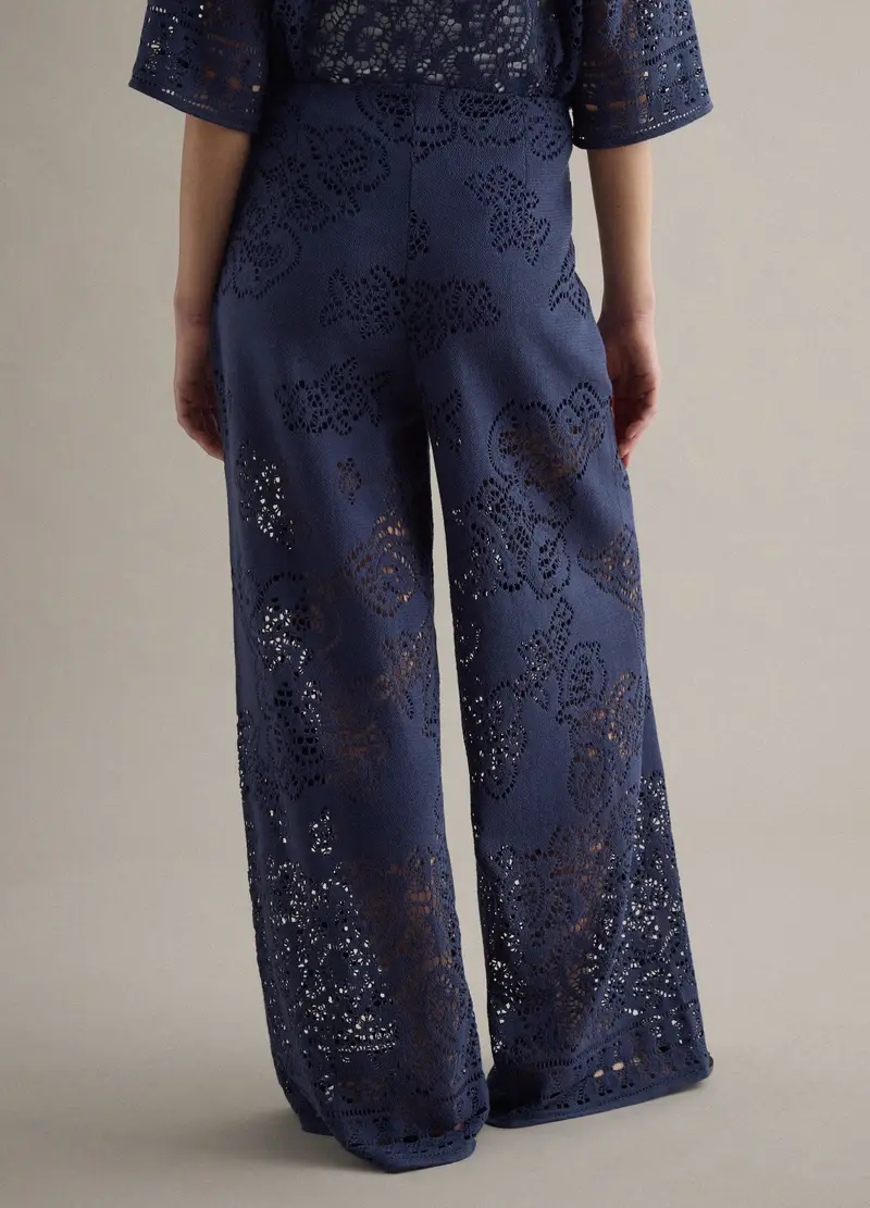 Pantaloni In Crochet Traforato Di Misto Cotone Blu Wide Leg, Donna, Blu miniatura 3
