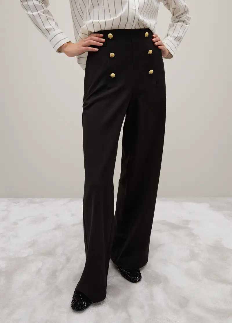 Pantaloni Neri Flare Con Bottoni, Donna, Nero miniatura 2