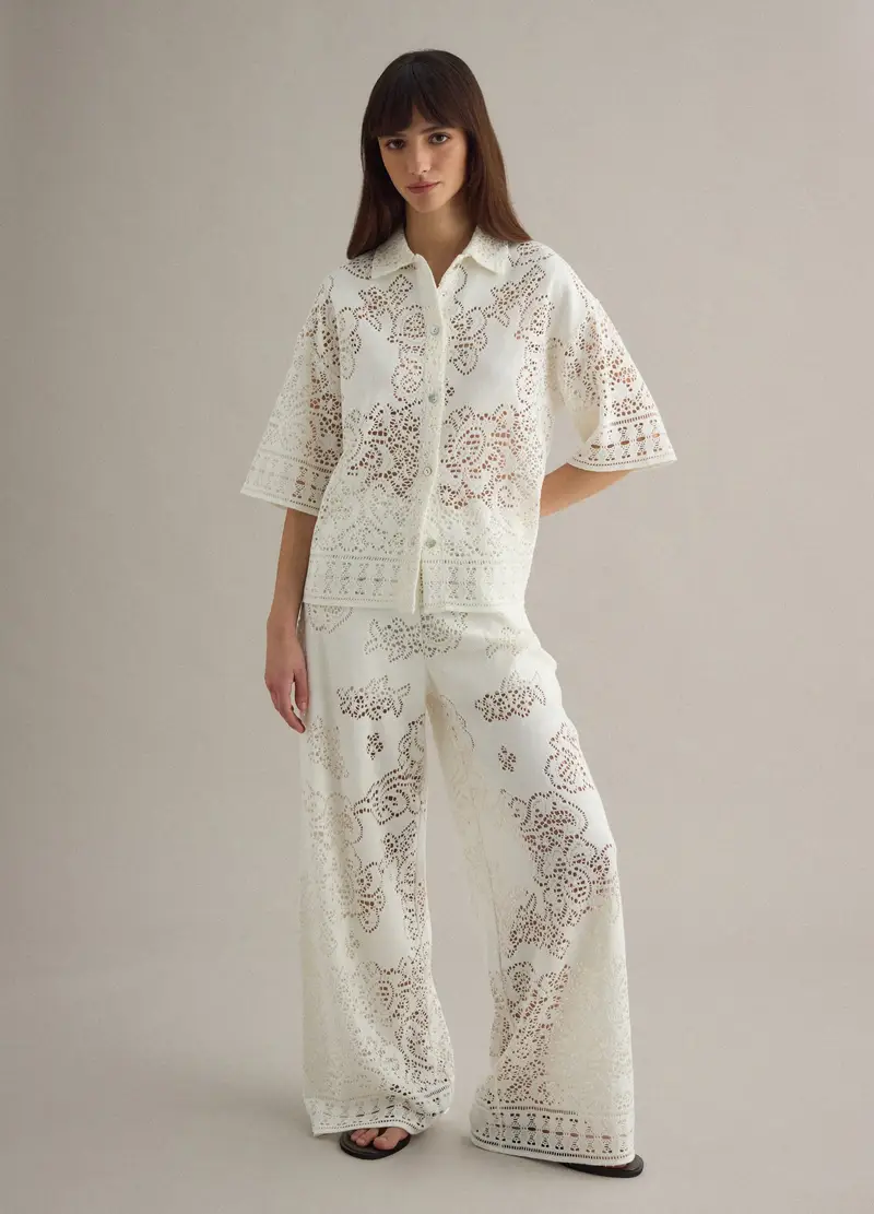 Polo Bianca In Crochet Traforato Di Misto Cotone Regular Fit, Donna, Bianco miniatura 2