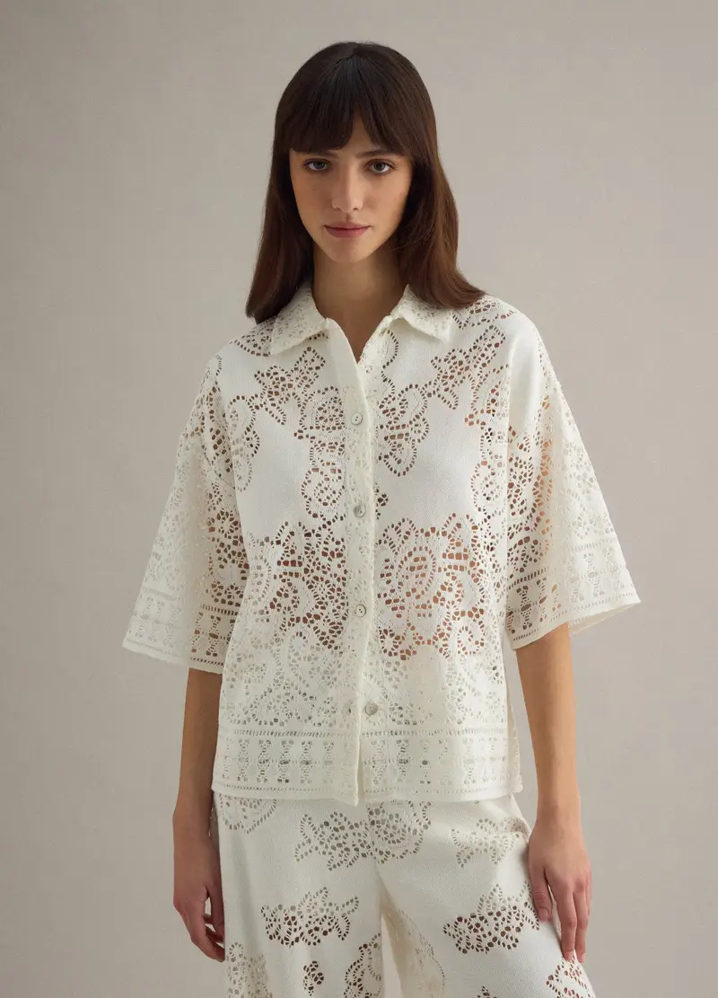 Polo Bianca In Crochet Traforato Di Misto Cotone Regular Fit, Donna, Bianco miniatura 3