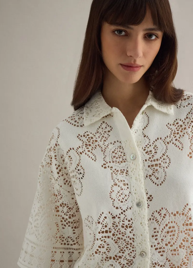 Polo Bianca In Crochet Traforato Di Misto Cotone Regular Fit, Donna, Bianco