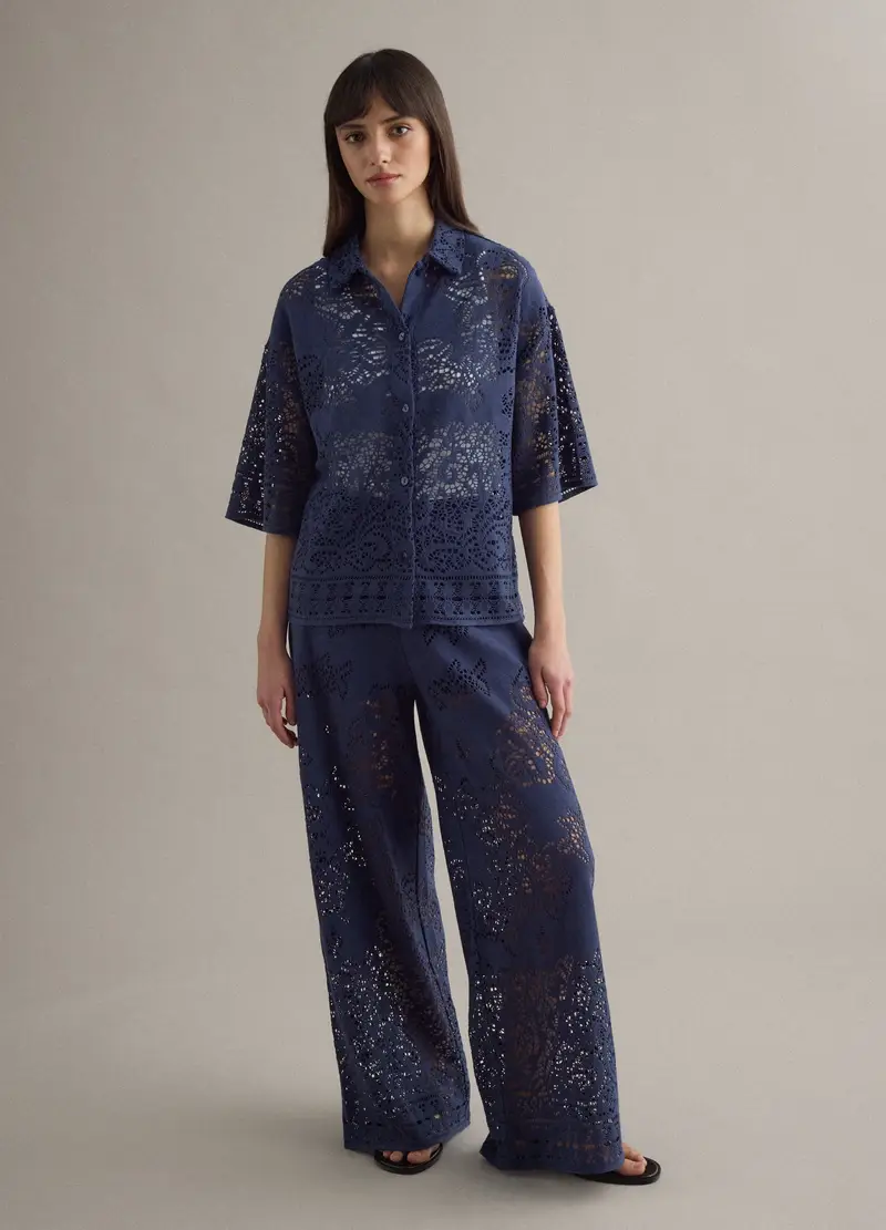 Polo Blu In Crochet Traforato Di Misto Cotone Regular Fit, Donna, Blu miniatura 2