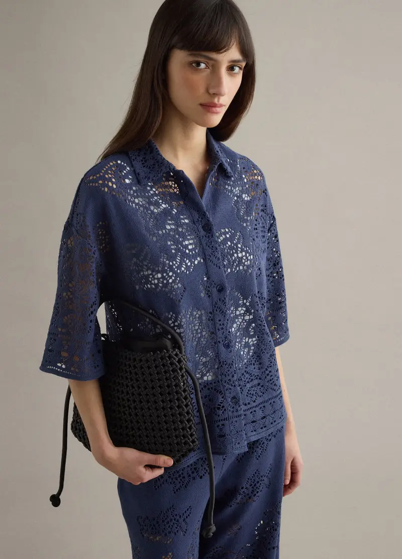 Polo Blu In Crochet Traforato Di Misto Cotone Regular Fit, Donna, Blu miniatura 3